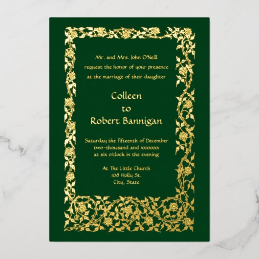 アールヌーボーフローラ縁どつる植物バイウォルタークレーン 箔招待状 (正面)