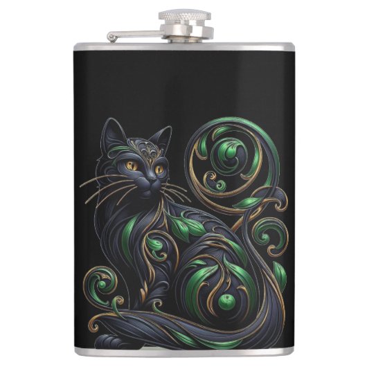 アールヌーボーブラックキャットセルティックビニールフラッ包まれたク フラスク (正面)
