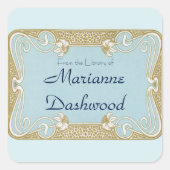 アールヌーボーブルーと金ゴールドフレーム蔵書票 スクエアシール (正面)