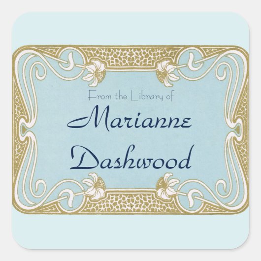 アールヌーボーブルーと金ゴールドフレーム蔵書票 スクエアシール (正面)