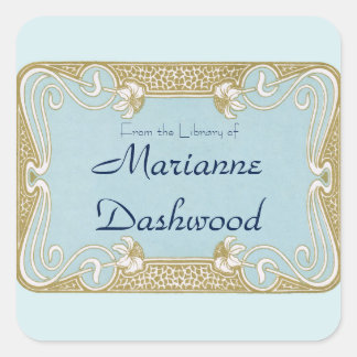 アールヌーボーブルーと金ゴールドフレーム蔵書票 スクエアシール