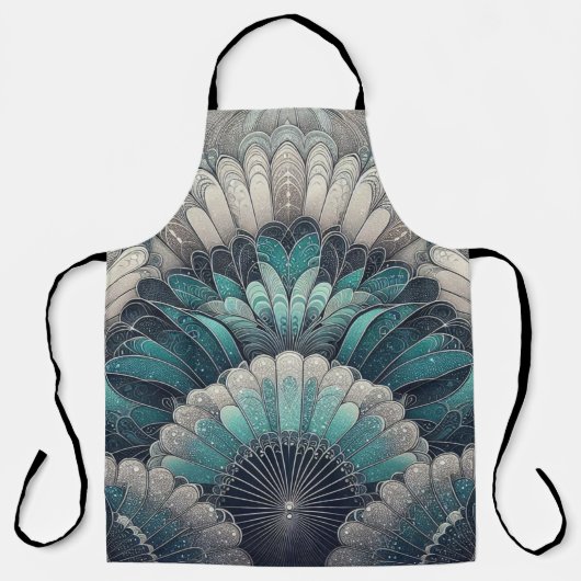 アールヌーボーブルーエレガントシルバーファン エプロン (正面)