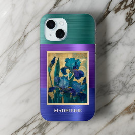 アールヌーボーブルーパープルアイリスとモノグラム名 iPhone 15ケース