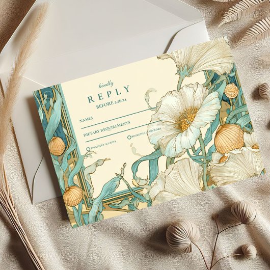 アールヌーボーホワイトポピー結婚ズ 出欠カード