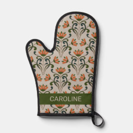 アールヌーボーボホオレンジ色の花ベージュ 鍋つかみ