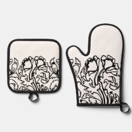 アールヌーボーポピーフローラ白黒エレガント 鍋つかみ&鍋敷きセット