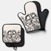アールヌーボーポピーフローラ白黒エレガント 鍋つかみ&鍋敷きセット (正面/裏面)