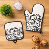 アールヌーボーポピーフローラ白黒エレガント 鍋つかみ&鍋敷きセット (トップダウン)