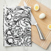 アールヌーボーポピーフローラ白黒 エレガント キッチンタオル (四つ折り)