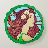 アールヌーボーポートレートオブウーマンオンエメラルドグリーン ラウンドクッション (裏面)