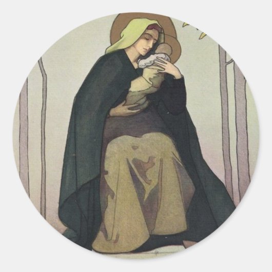 アールヌーボーマドンナとチャイルドクリスマスカード ラウンドシール (正面)