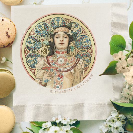 アールヌーボーミュシャネームシャンパン金ゴールド 縁ありランチョンナプキン