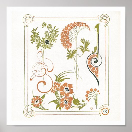アールヌーボーミュシャフローラ抽象芸術アートピーチグリーン ポスター (正面)