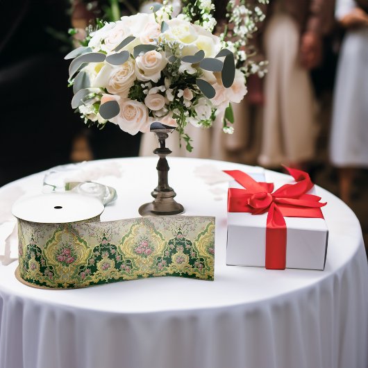 アールヌーボーメタリック金ゴールドピンクローズメダリオン サテンリボン