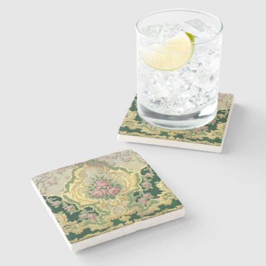 アールヌーボーメタリック金ゴールドピンク結婚ローズのテーブル ストーンコースター (横)