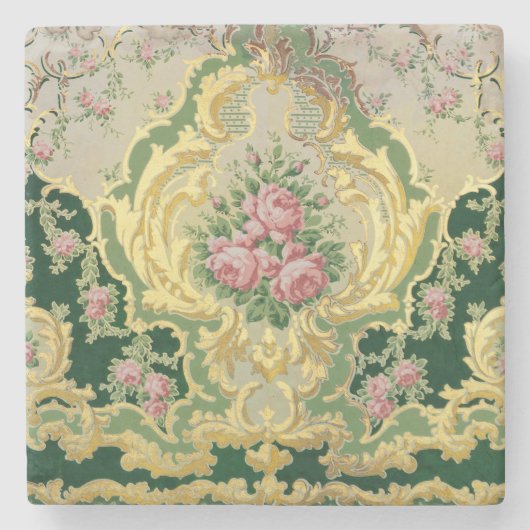 アールヌーボーメタリック金ゴールドピンク結婚ローズのテーブル ストーンコースター (正面)