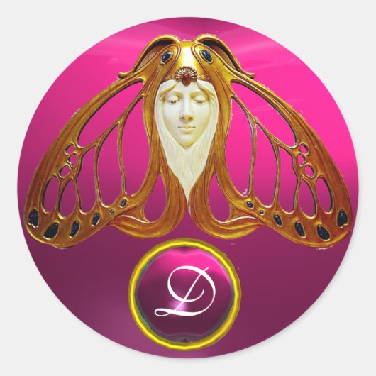 アールヌーボーモスウーマンピンク明るい赤紫色ジェムモノグラム ラウンドシール (正面)