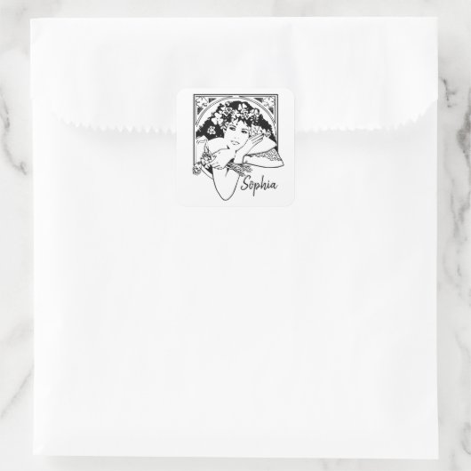 アールヌーボーモダンスタイルシャムロックガール白黒 スクエアシール (バッグ)