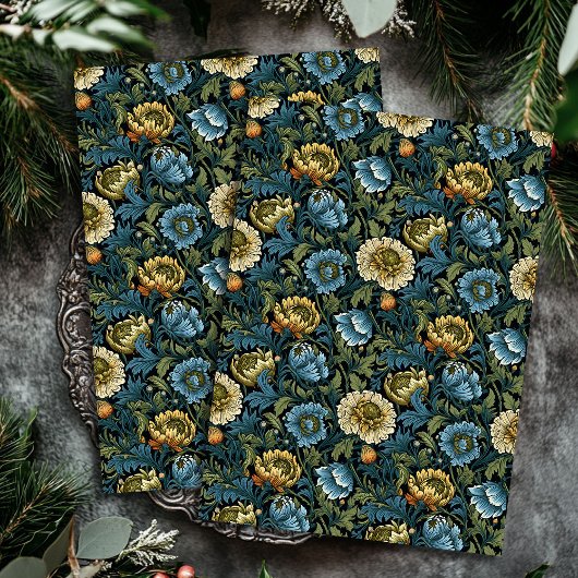 アールヌーボーモリスほこりっぽい青いアイボリーの花のセージ 薄葉紙