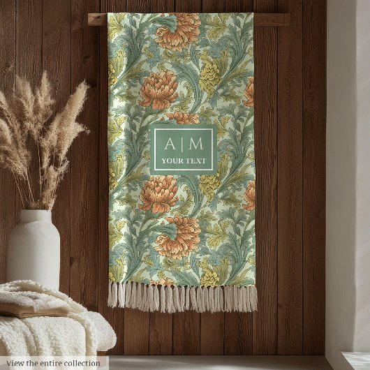 アールヌーボーモリススタイルテラコッタパステルグリーン フリースブランケット