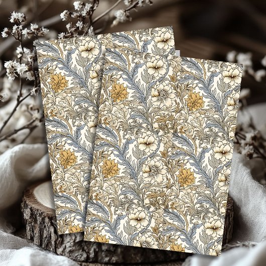 アールヌーボーモリスパステルブルーアイボリー白い花 薄葉紙