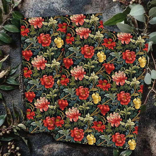 アールヌーボーモリス赤い黄色の花セージ青 薄葉紙