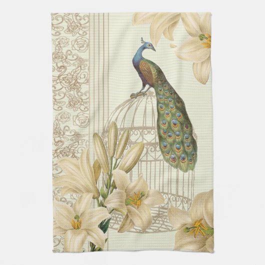 アールヌーボーユリフランスのヴィンテージバードクジャク キッチンタオル (縦)