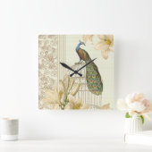 アールヌーボーユリフランスのヴィンテージバードクジャク スクエア壁時計 (ホーム)