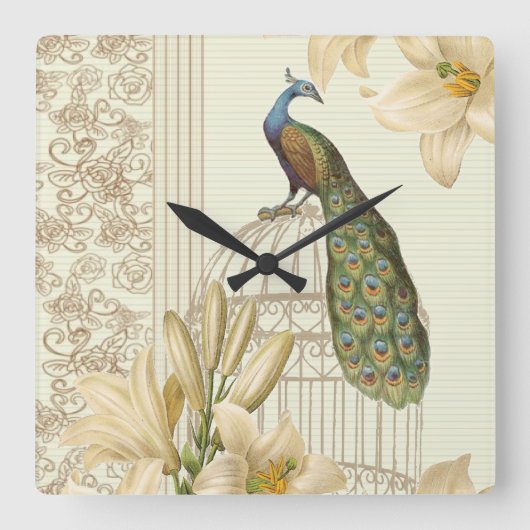 アールヌーボーユリフランスのヴィンテージバードクジャク スクエア壁時計 (正面)