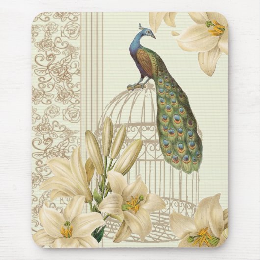 アールヌーボーユリフランスのヴィンテージバードクジャク マウスパッド (正面)