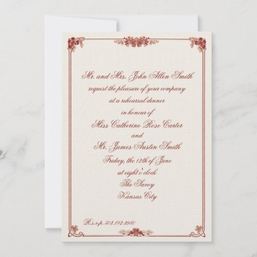 アールヌーボーレッドリ縁どハーサルディナー 招待状 (正面)