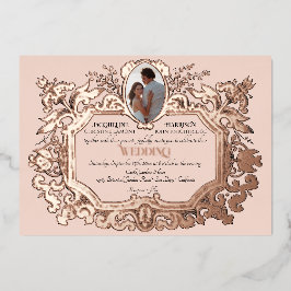 アールヌーボーロココエレガントフォトバラ結婚金ゴールド 箔招待状