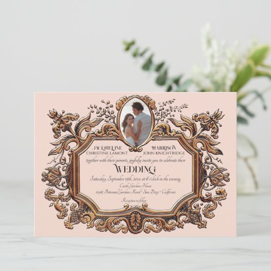 アールヌーボーロココエレガント金ゴールドピンク結婚フォト 招待状 (スタンド正面)