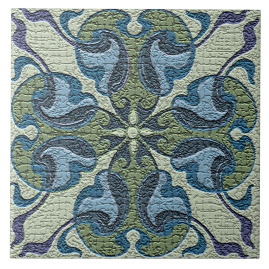 アールヌーボーヴィンテージはひび割れた青と緑 タイル (正面)