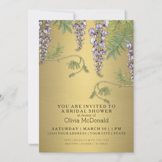 アールヌーボーヴィンテージウィステリアフローラブライダルシャワー 招待状 (正面)