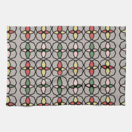 アールヌーボーヴィンテージスタイルグレー、黄、ピンク、 キッチンタオル