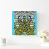 アールヌーボーヴィンテージティファニーステンドグラスピーコック スクエア壁時計 (ホーム)