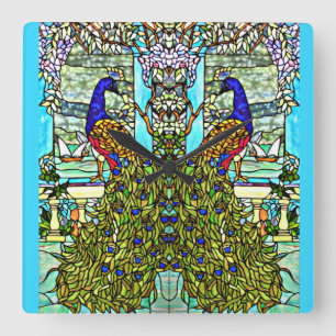 アールヌーボーヴィンテージティファニーステンドグラスピーコック スクエア壁時計