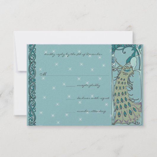 アールヌーボーヴィンテージピーコックウェディングRSVP 出欠カード (正面)