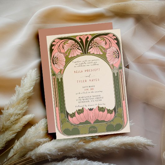 アールヌーボーヴィンテージフローラピンクグリーン結婚ズ 招待状