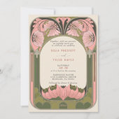 アールヌーボーヴィンテージフローラピンクグリーン結婚ズ 招待状 (正面)