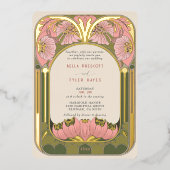 アールヌーボーヴィンテージフローラピンクグリーン結婚金ゴールド 箔招待状 (正面)