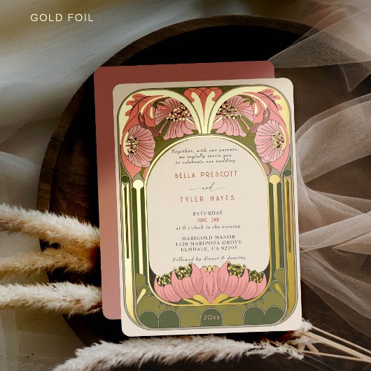 アールヌーボーヴィンテージフローラピンクグリーン結婚金ゴールド 箔招待状
