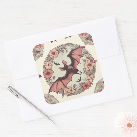 アールヌーボー不気味こうもりイラストレーションホラーかわいらしラー スクエアシール (封筒)