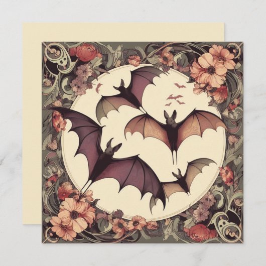 アールヌーボー不気味こうもりイラストレーションホラーかわいらしラー 招待状 (正面/裏面)