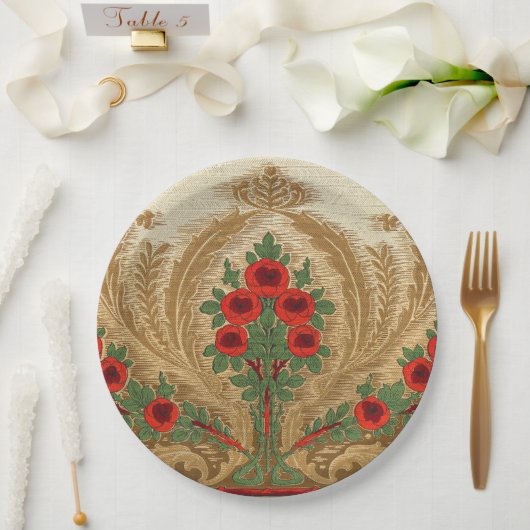 アールヌーボー丸オレンジの花スペード形葉 ペーパープレート (ウェディング)