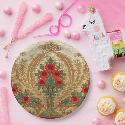 アールヌーボー丸オレンジの花スペード形葉 ペーパープレート (パーティー)