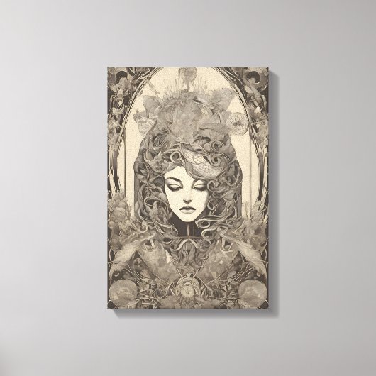 アールヌーボー女子ポートレート複雑なフローラアート キャンバスプリント (正面)