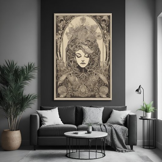 アールヌーボー女子ポートレート複雑なフローラアート ポスター