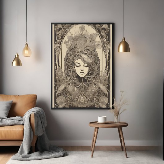 アールヌーボー女子ポートレート複雑なフローラアート ポスター